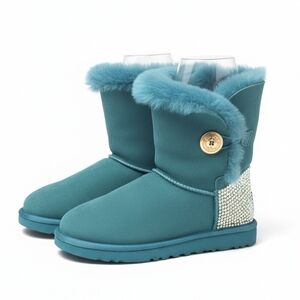 UGG Teal Boots with Fur and Gold Button Custom Solid Rhinestone Heel.